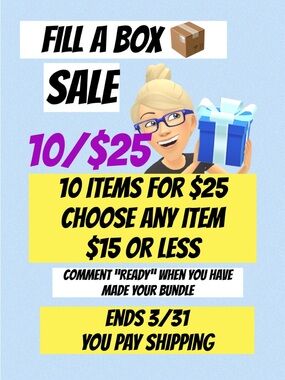 10/$25 on items $15 or less: buyer pays shipping - Sale ends 3/31